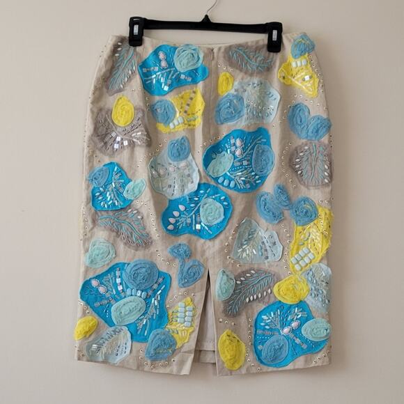 Lafayette 148 Beaded Applique Linen Pencil Skirt size 8 - Picture 3 of 8